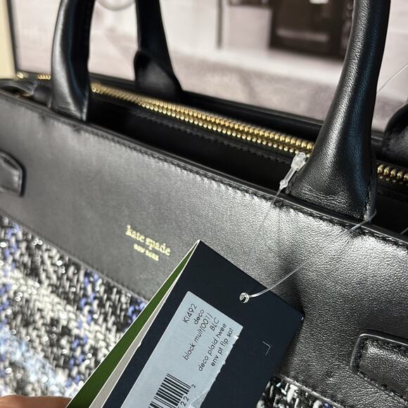 Kate Spade Deco Plaid Tweed Medium Satchel Elegant Black and Blue Tweed Handbag - Picture 9 of 10